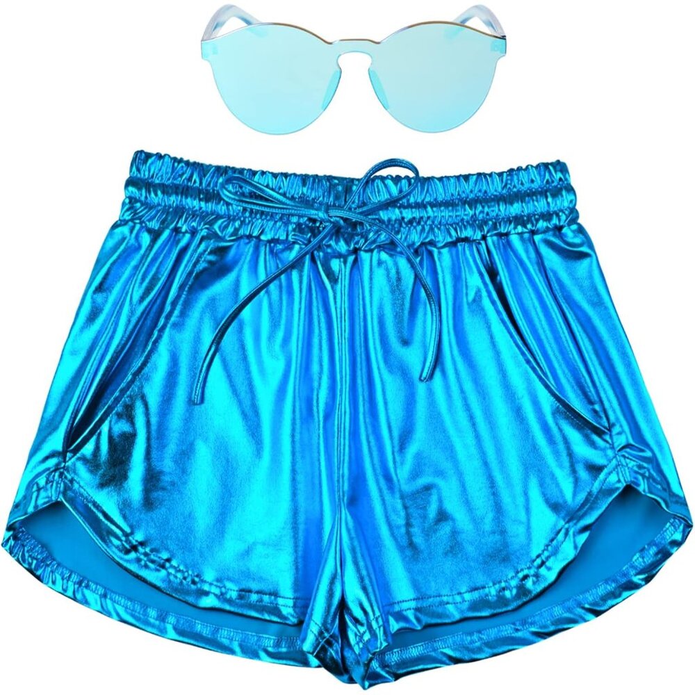 Stylish Jewelry Blue Metallic Shorts For Women - Perfect For Fitness & Leisure